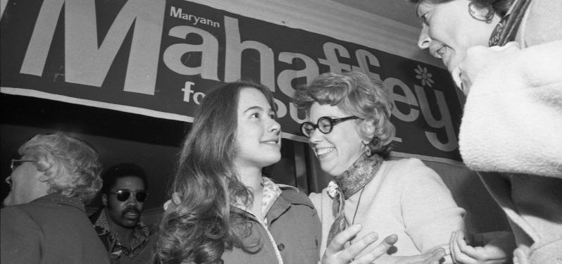 Maryann Mahaffey with daughter Susan Dooha at a campaign rally